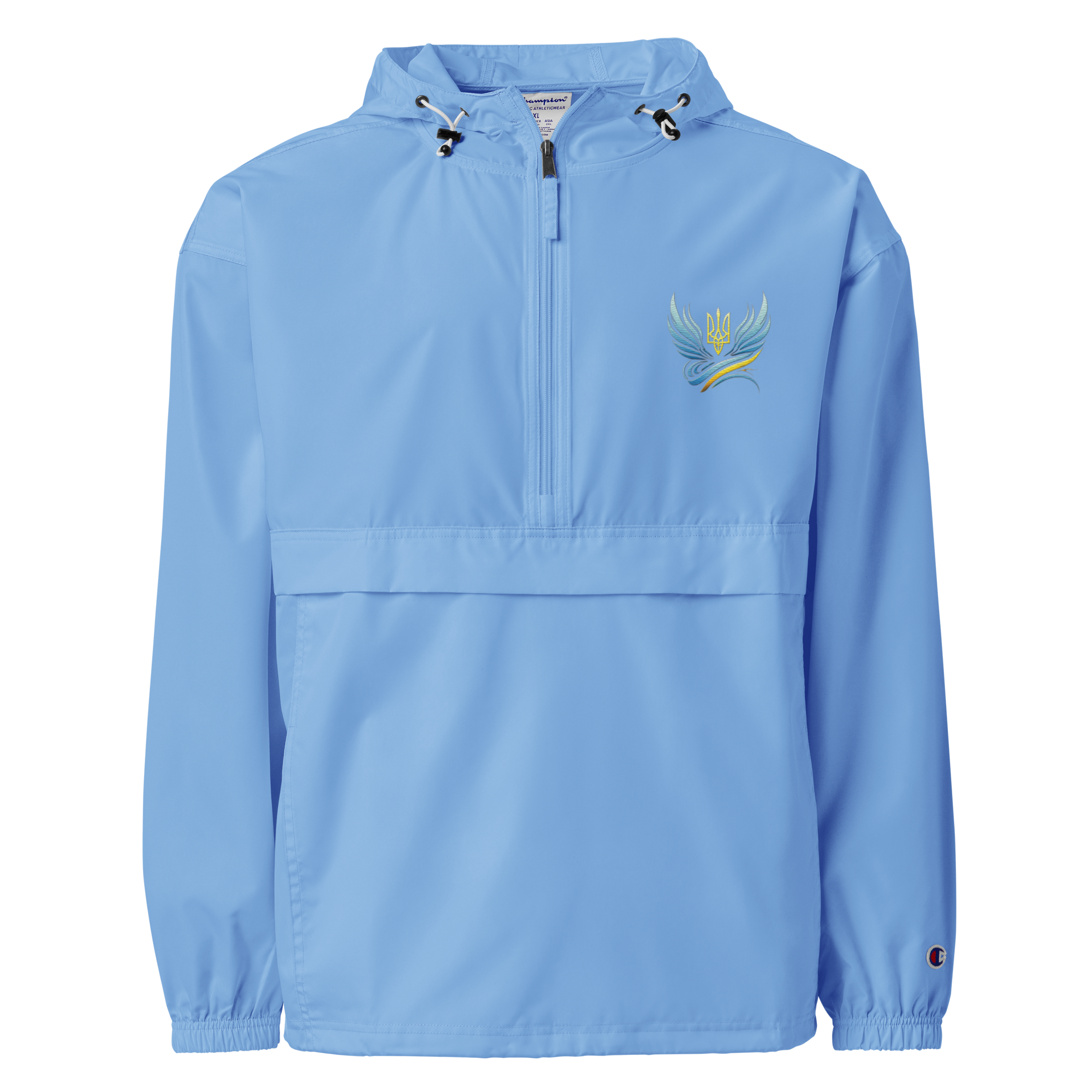 Women's embroidered blue Champion jacket from Ukrainian Vibe Trizub Collection with hood and kangaroo pocket.