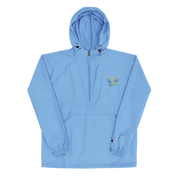 Ukrainian Vibe Trizub embroidered Champion packable jacket for women in light blue, featuring a hood and kangaroo pocket.