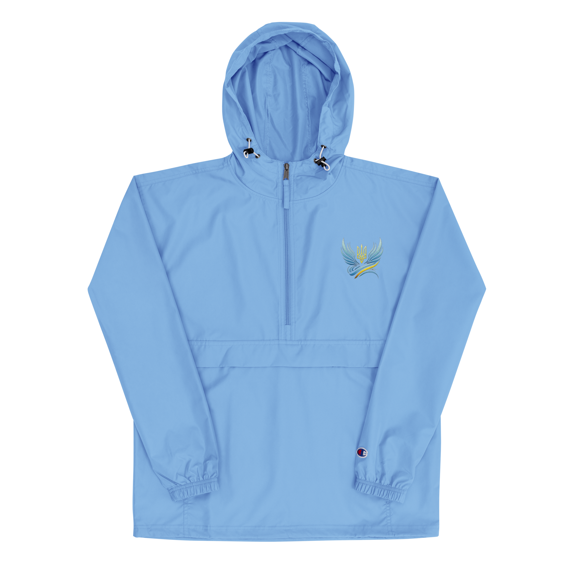 Ukrainian Vibe Trizub embroidered Champion packable jacket for women in light blue, featuring a hood and kangaroo pocket.