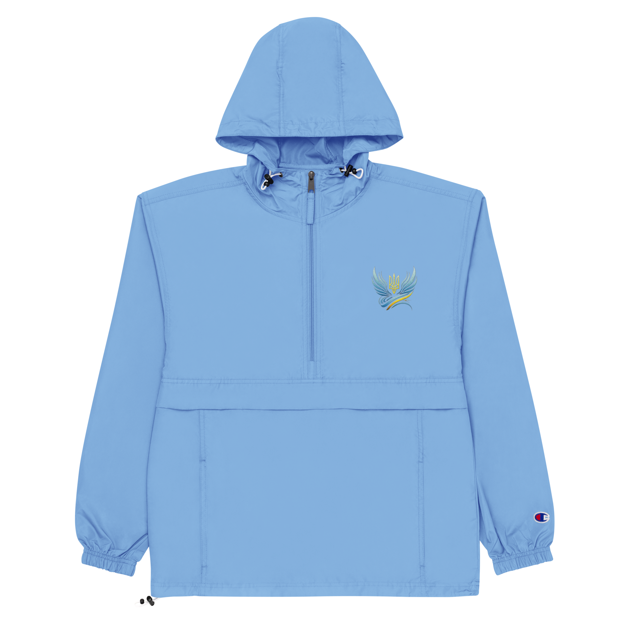 Ukrainian Vibe Trizub Collection Women's Embroidered Blue Champion Packable Jacket with Hood and Kangaroo Pocket
