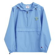 Ukrainian Vibe Trizub Collection women's blue embroidered Champion packable jacket with hood and pocket, wind and rain resistant.