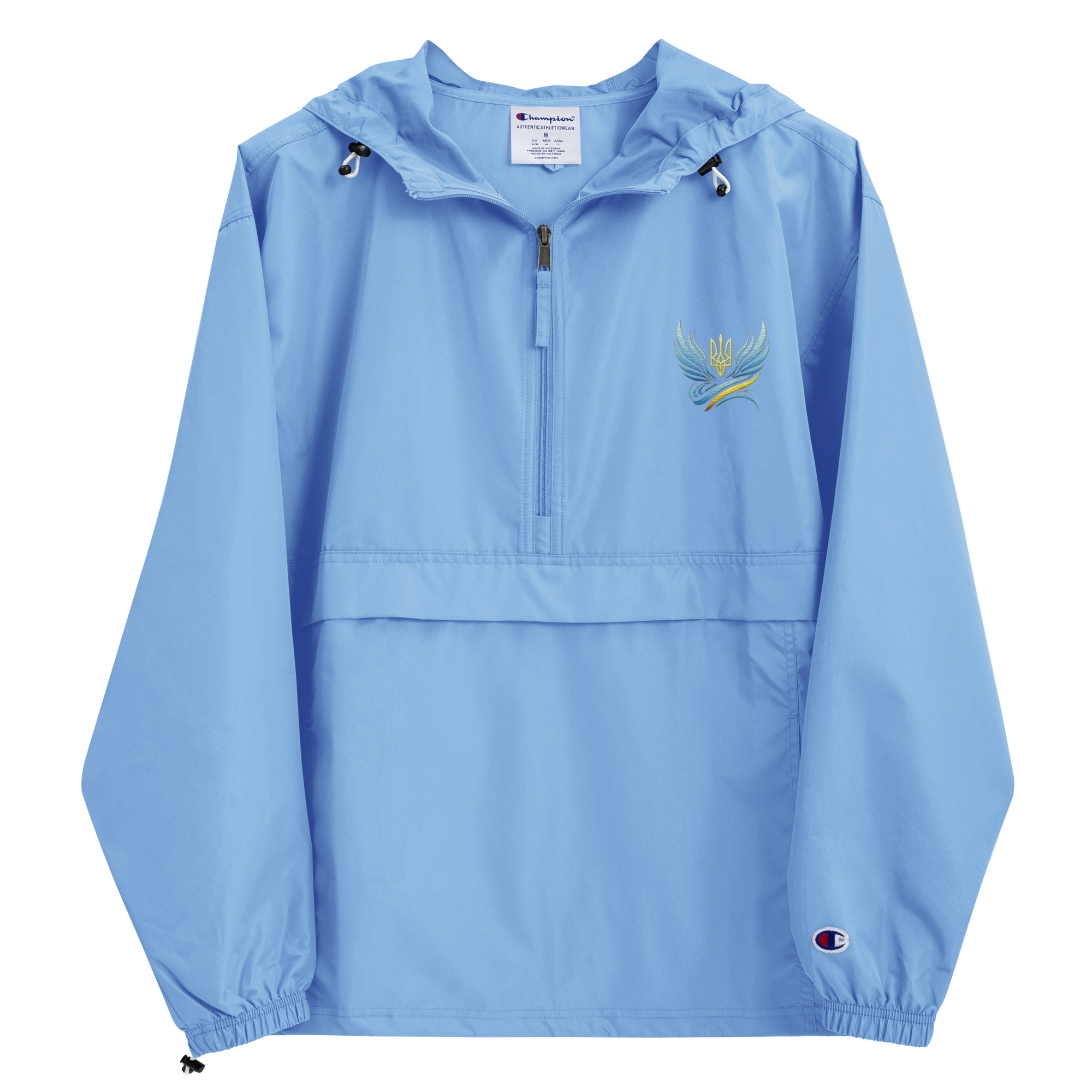 Ukrainian Vibe Trizub Collection women's blue embroidered Champion packable jacket with hood and pocket, wind and rain resistant.