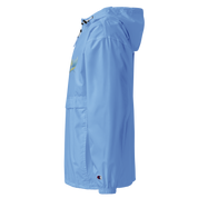 Side view of Champion packable jacket from Ukrainian Vibe Trizub Collection for women, featuring embroidery and hood in light blue.