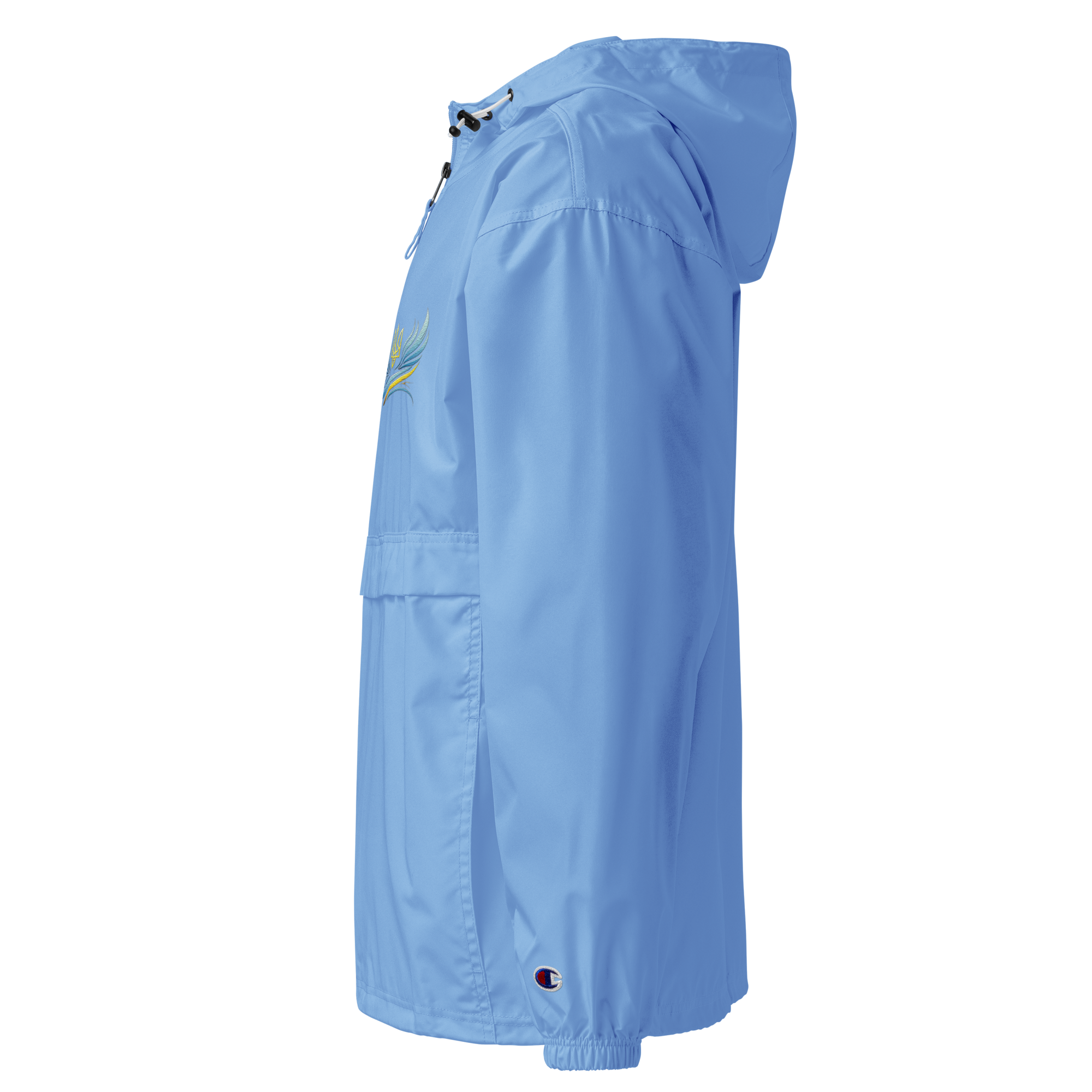 Side view of Champion packable jacket from Ukrainian Vibe Trizub Collection for women, featuring embroidery and hood in light blue.