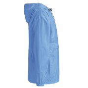 Side view of blue Champion packable jacket from Ukrainian Vibe Trizub Collection for women, featuring a hood and kangaroo pocket.