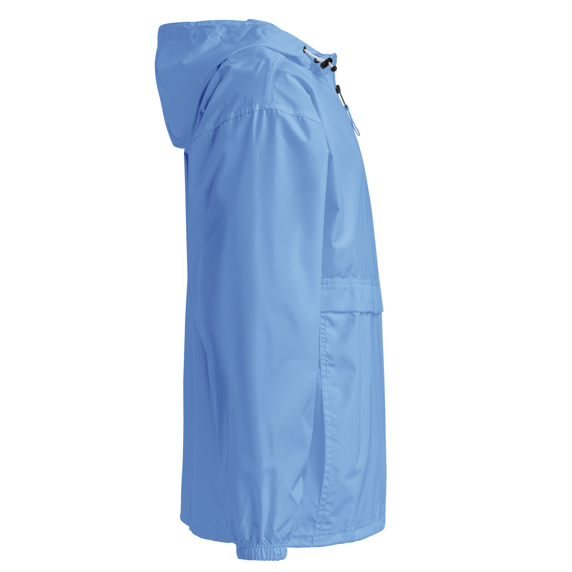 Side view of blue Champion packable jacket from Ukrainian Vibe Trizub Collection for women, featuring a hood and kangaroo pocket.