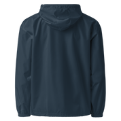 Back view of navy Champion packable jacket from Ukrainian Vibe Trizub Collection, featuring hood and weather-resistant material.