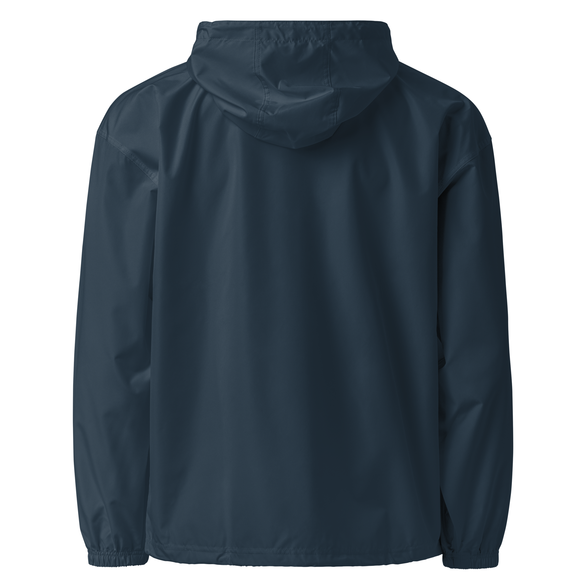 Back view of navy Champion packable jacket from Ukrainian Vibe Trizub Collection, featuring hood and weather-resistant material.