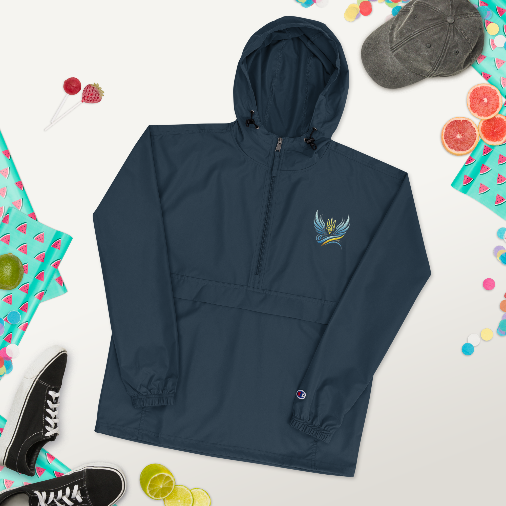 Women's navy Champion packable jacket, Trizub embroidery, hooded, wind and rain-resistant, Ukrainian Vibe collection.