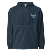 Ukrainian Vibe Trizub Collection embroidered Champion packable jacket for women, wind and rain-resistant, navy color with hood.