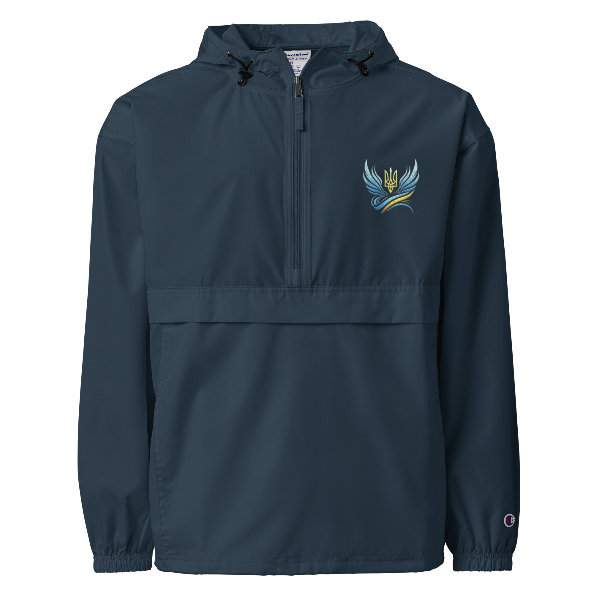 Ukrainian Vibe Trizub Collection embroidered Champion packable jacket for women, wind and rain-resistant, navy color with hood.