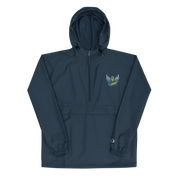Ukrainian Vibe Trizub embroidered Champion packable jacket for women in navy, with hood and kangaroo pocket.