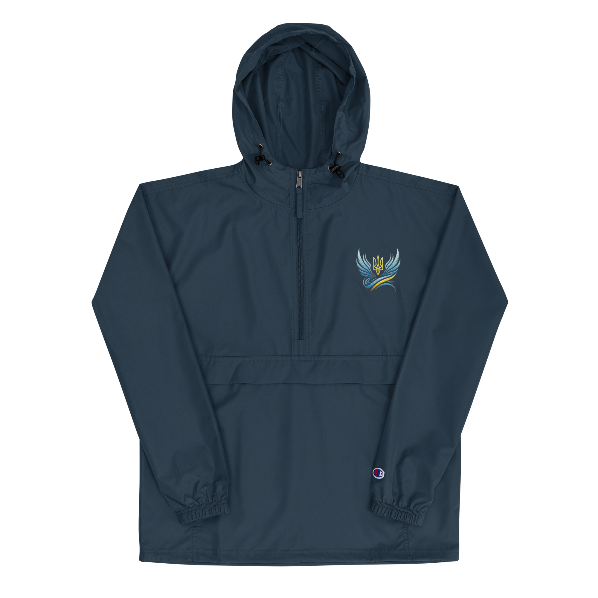 Ukrainian Vibe Trizub embroidered Champion packable jacket for women in navy, with hood and kangaroo pocket.