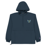 Women's Champion packable jacket from Ukrainian Vibe Trizub Collection in navy with embroidered design, hood, and kangaroo pocket.