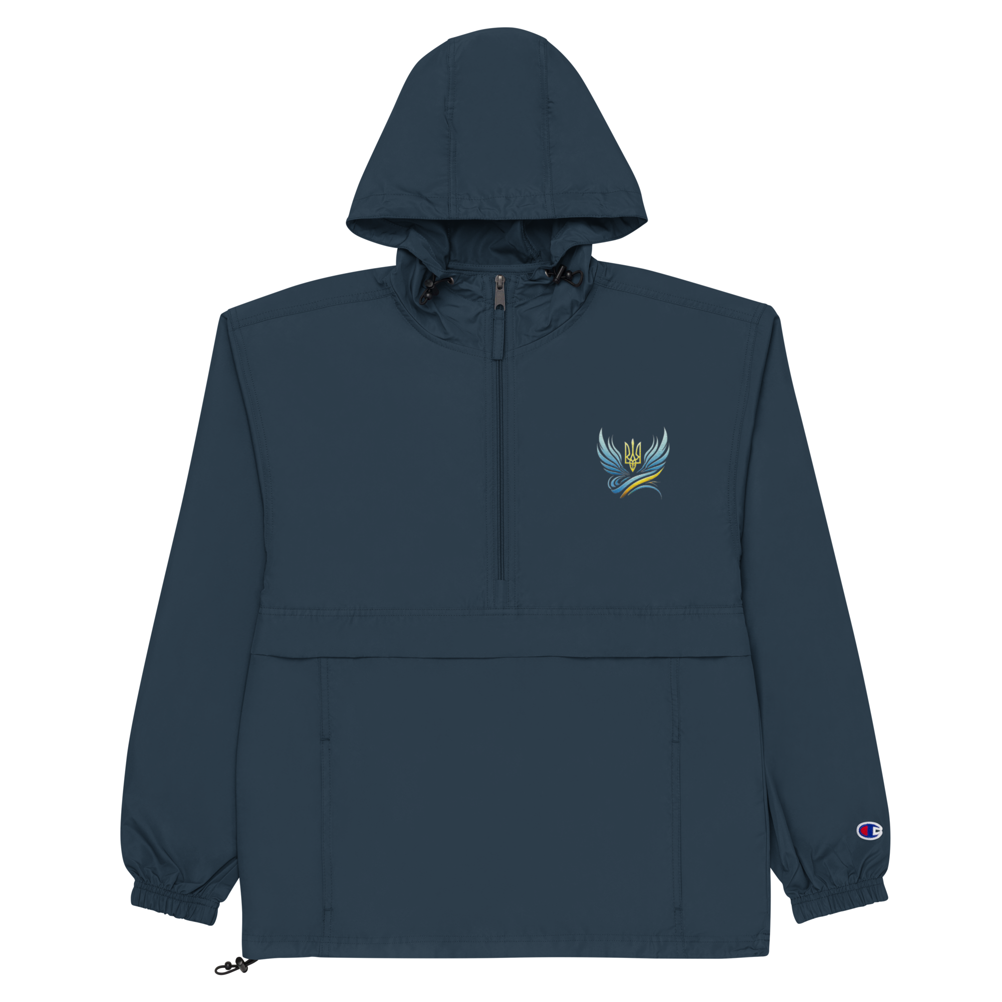 Women's Champion packable jacket from Ukrainian Vibe Trizub Collection in navy with embroidered design, hood, and kangaroo pocket.