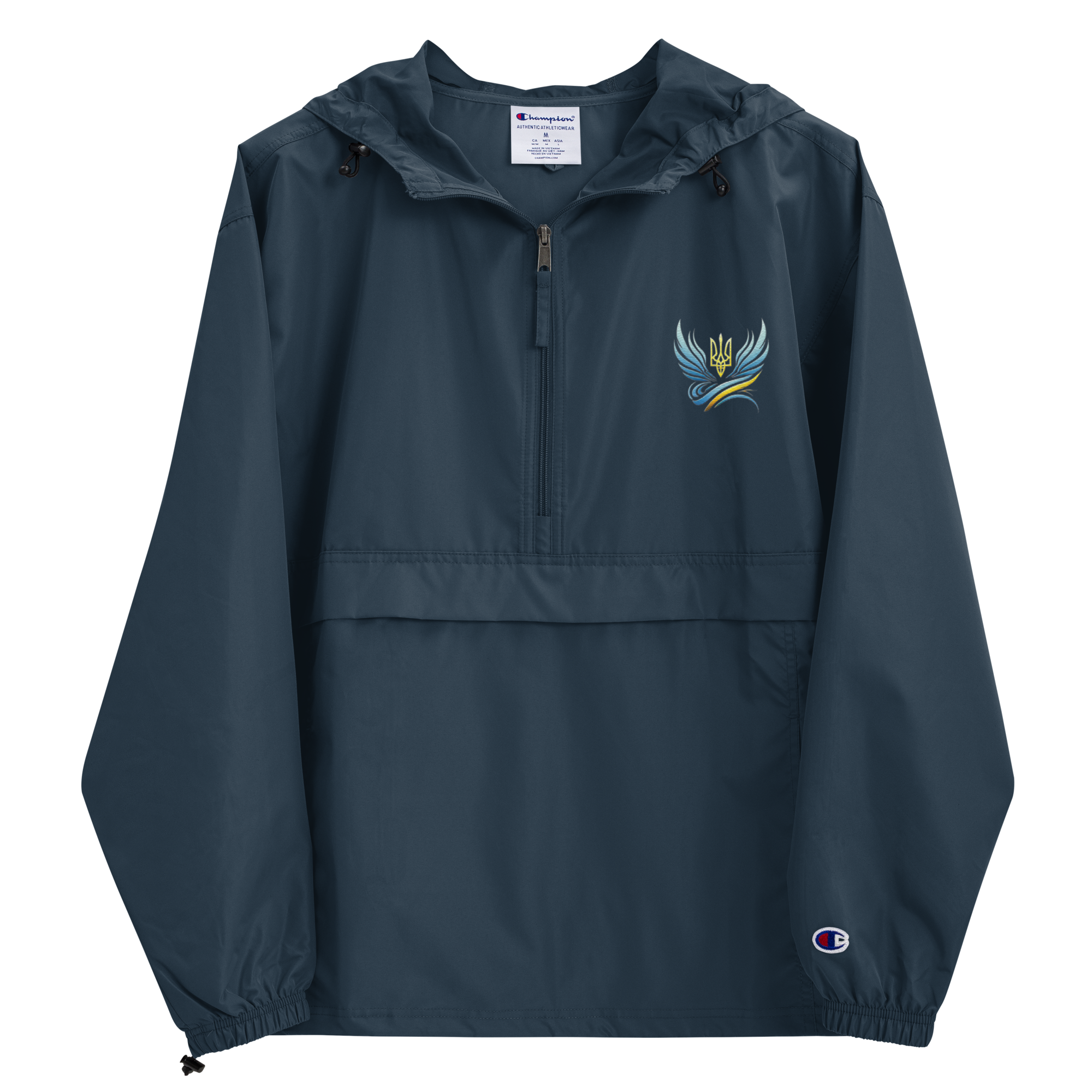 Ukrainian Vibe Trizub Collection Women's Embroidered Champion Jacket with Hood, Wind and Rain Resistant, in Navy Blue