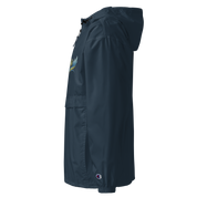 Side view of Ukrainian Vibe Trizub Collection women's Champion packable jacket, navy blue with hood and embroidered design.