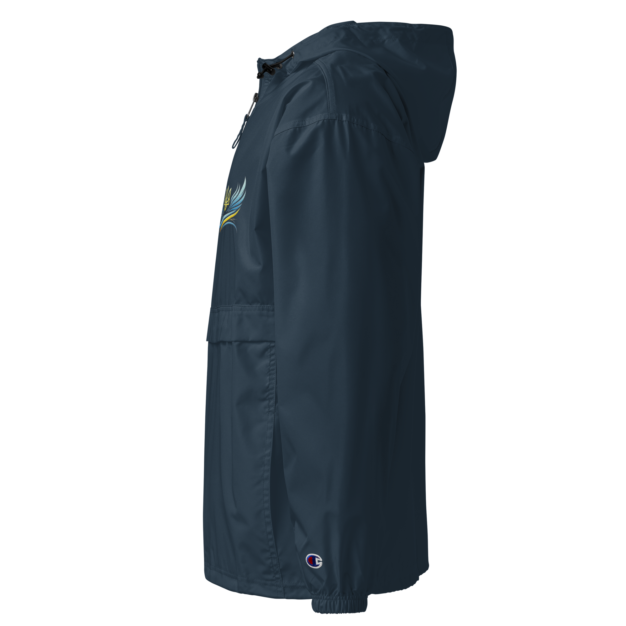 Side view of Ukrainian Vibe Trizub Collection women's Champion packable jacket, navy blue with hood and embroidered design.