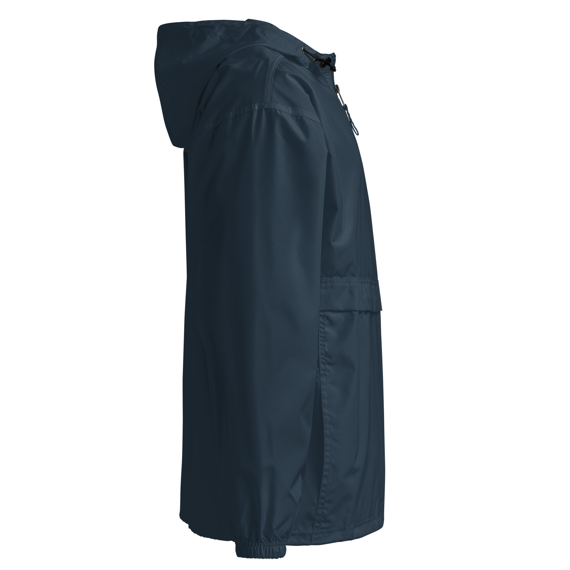 Side view of Ukrainian Vibe Trizub Collection Champion packable jacket for women, featuring a hood and kangaroo pocket.
