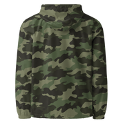 Back view of camouflage embroidered Champion packable jacket from Ukrainian Vibe Trizub Collection for women, featuring a hood.