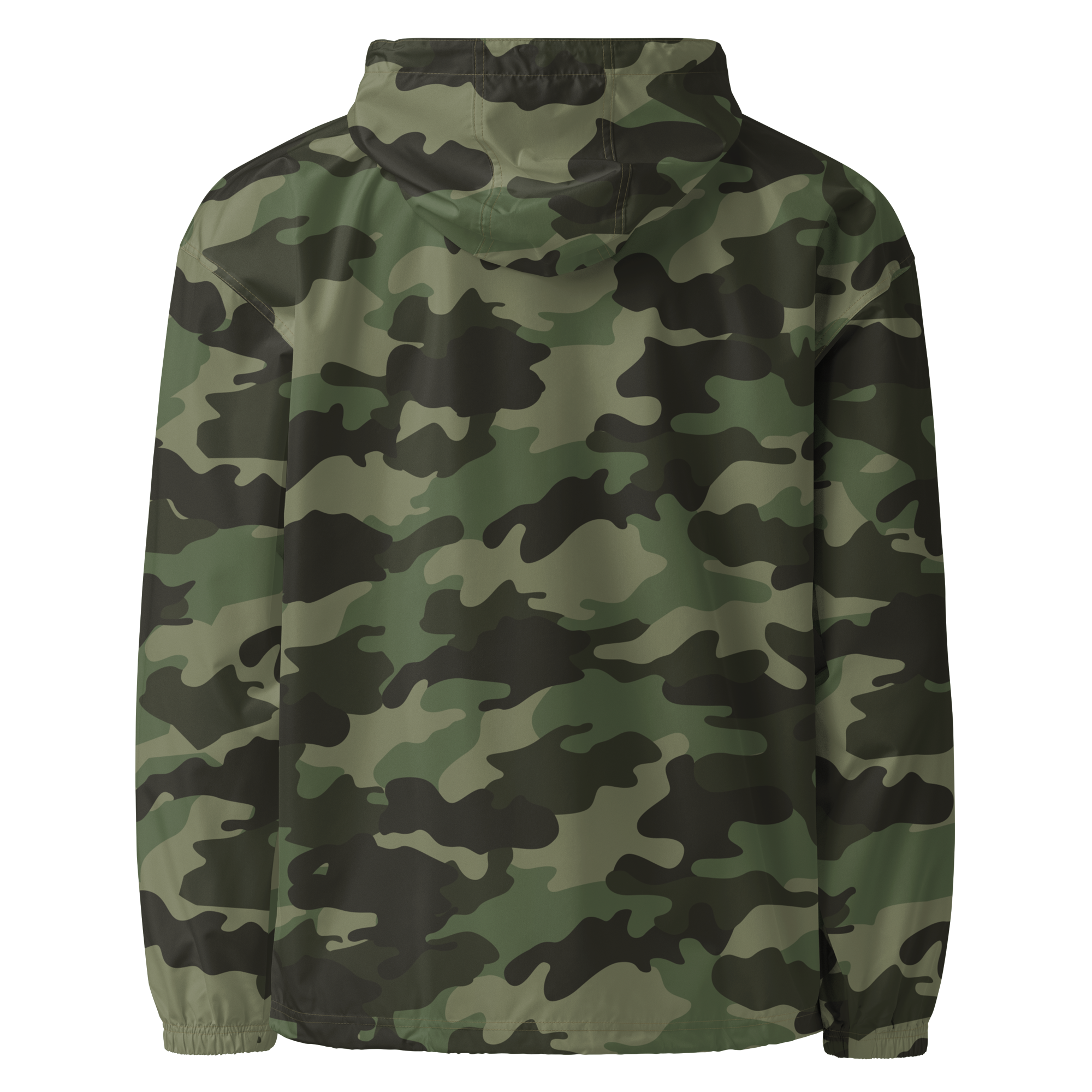 Back view of camouflage embroidered Champion packable jacket from Ukrainian Vibe Trizub Collection for women, featuring a hood.