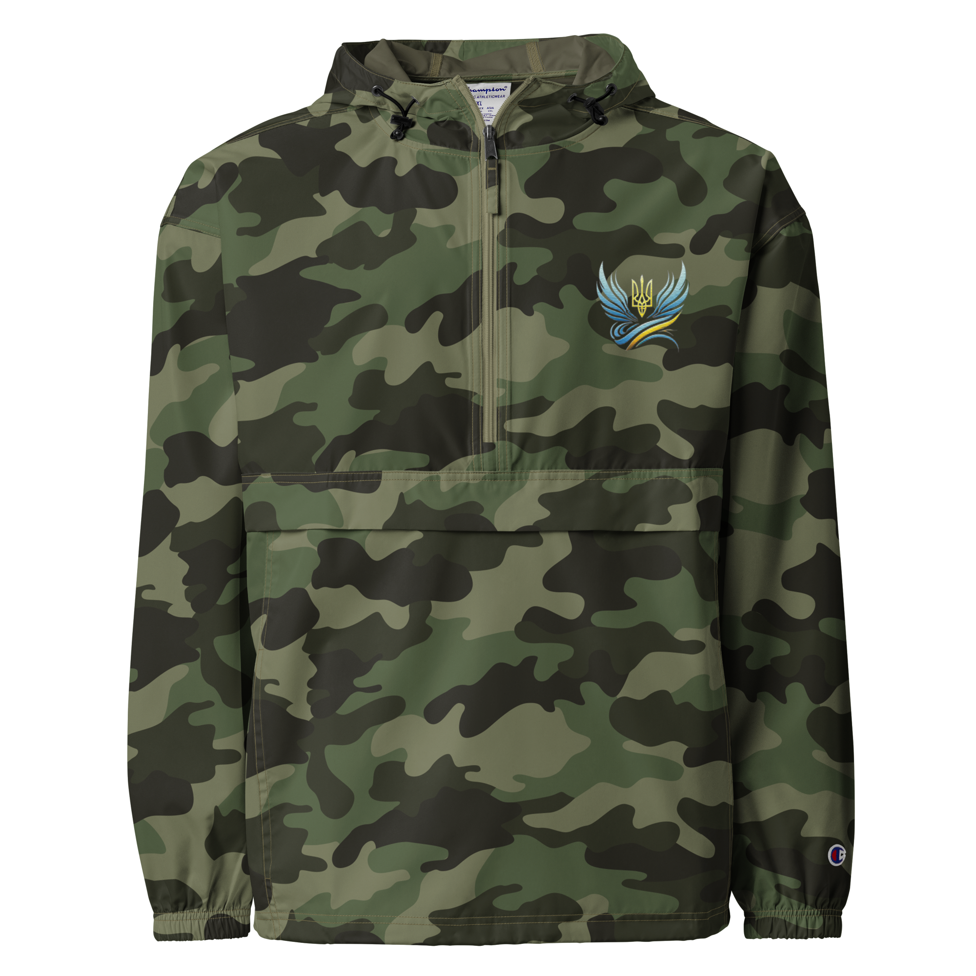 Camouflage Embroidered Champion Packable Jacket from Ukrainian Vibe Trizub Collection for Women featuring wind-resistant polyester.
