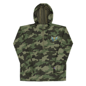 Ukrainian Vibe Trizub Collection camo jacket with embroidery, hood, and pockets. Wind-resistant Champion packable design.