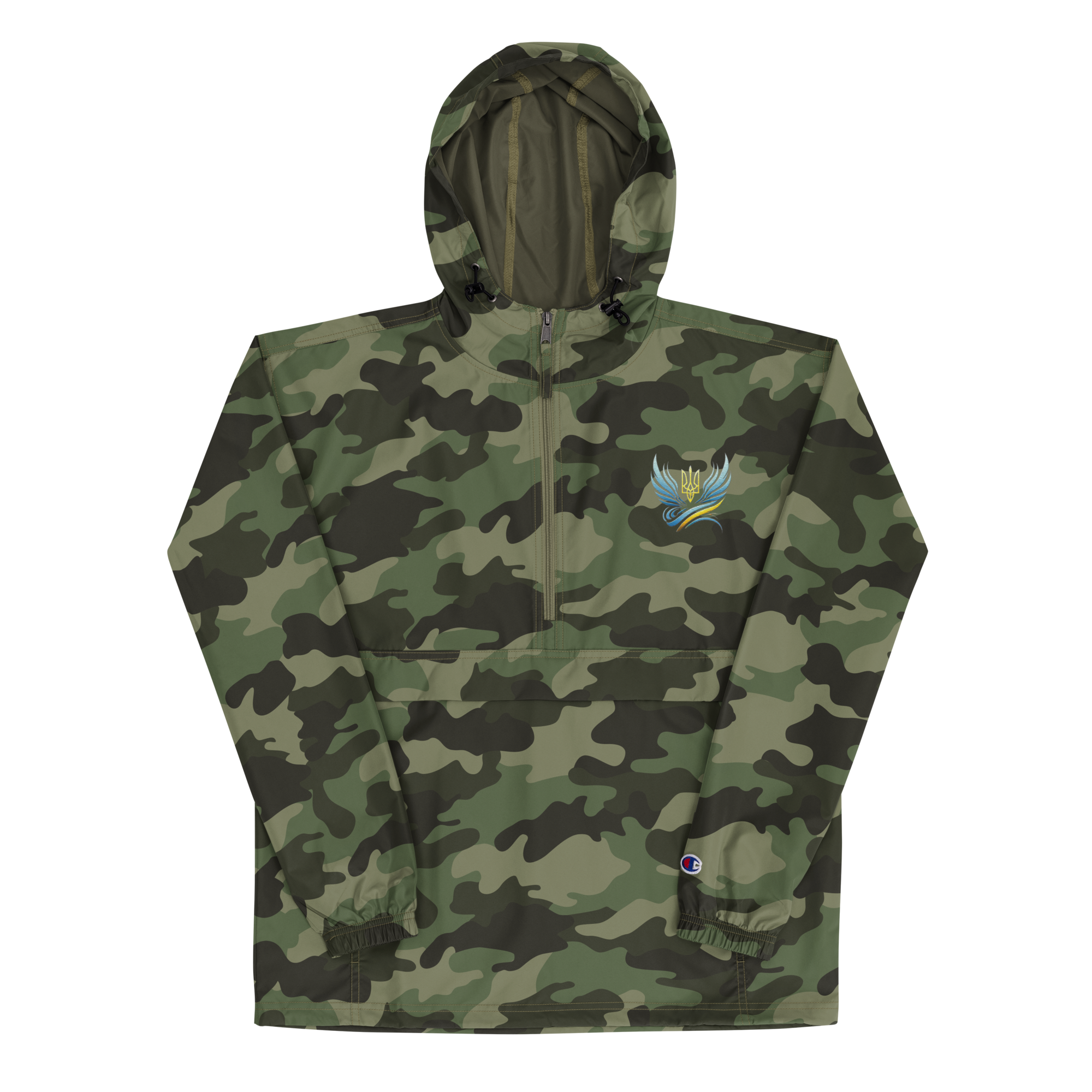 Ukrainian Vibe Trizub Collection camo jacket with embroidery, hood, and pockets. Wind-resistant Champion packable design.