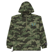 Women's Champion packable jacket, camo design, with Ukrainian Vibe Trizub embroidery. Wind and rain-resistant polyester.