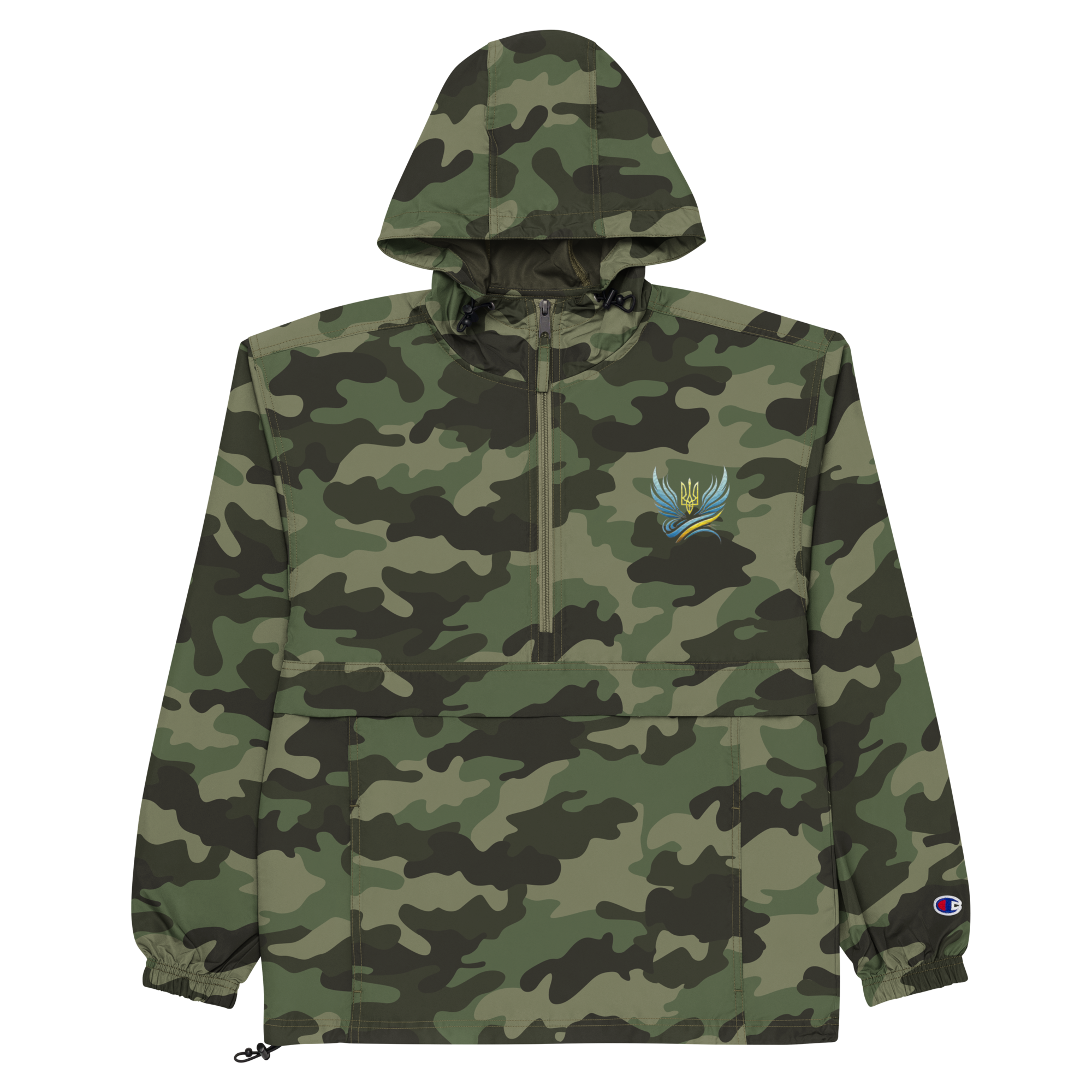 Women's Champion packable jacket, camo design, with Ukrainian Vibe Trizub embroidery. Wind and rain-resistant polyester.