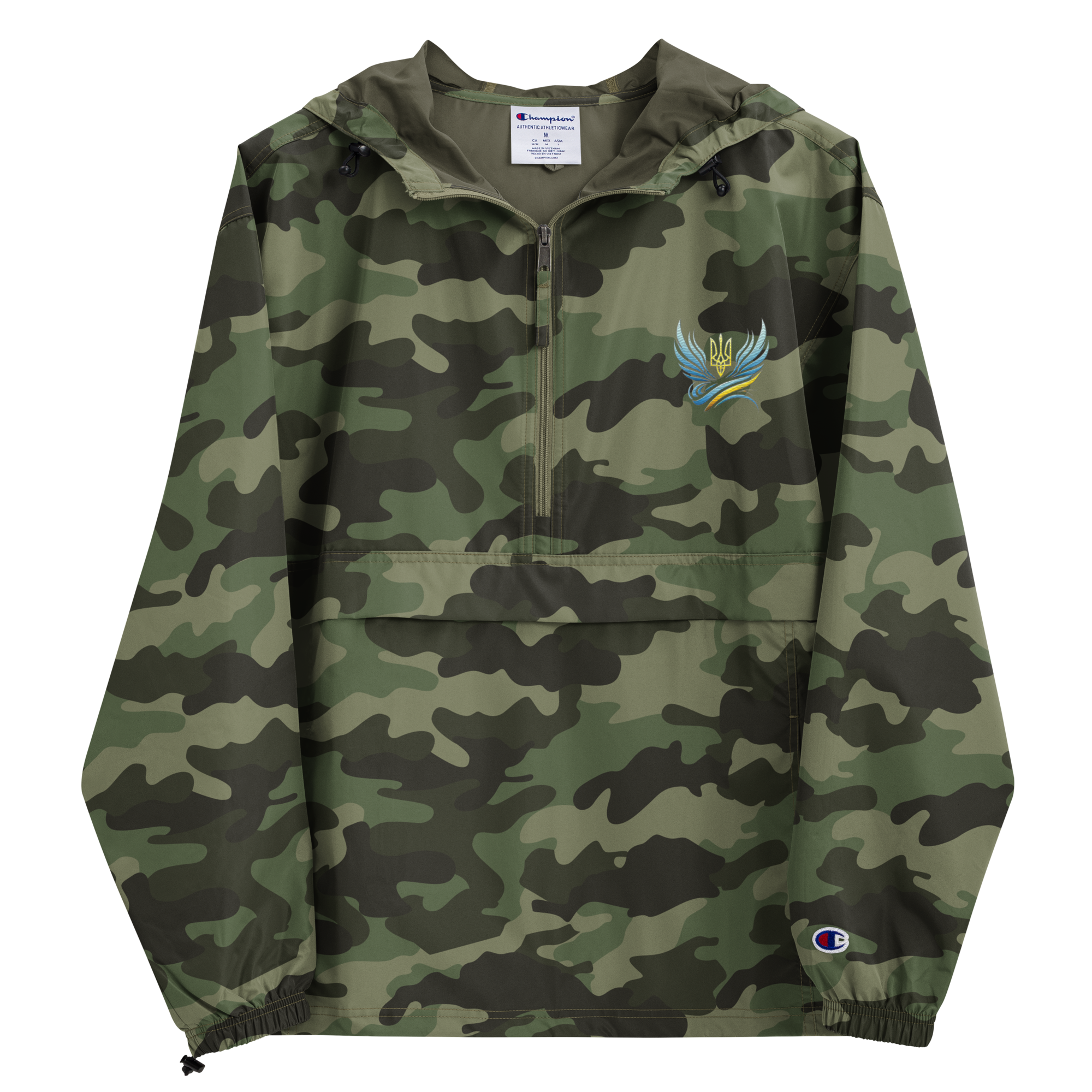 Ukrainian Vibe Trizub Collection camo jacket for women with embroidery, Champion packable, wind and rain-resistant, with hood.