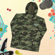 Camouflage Champion packable jacket from Ukrainian Vibe Trizub Collection with embroidered emblem, shown with shoes and summer accessories.