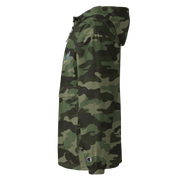 Side view of Ukrainian Vibe Trizub Collection camo embroidered Champion packable jacket for women, featuring hood and pocket details.