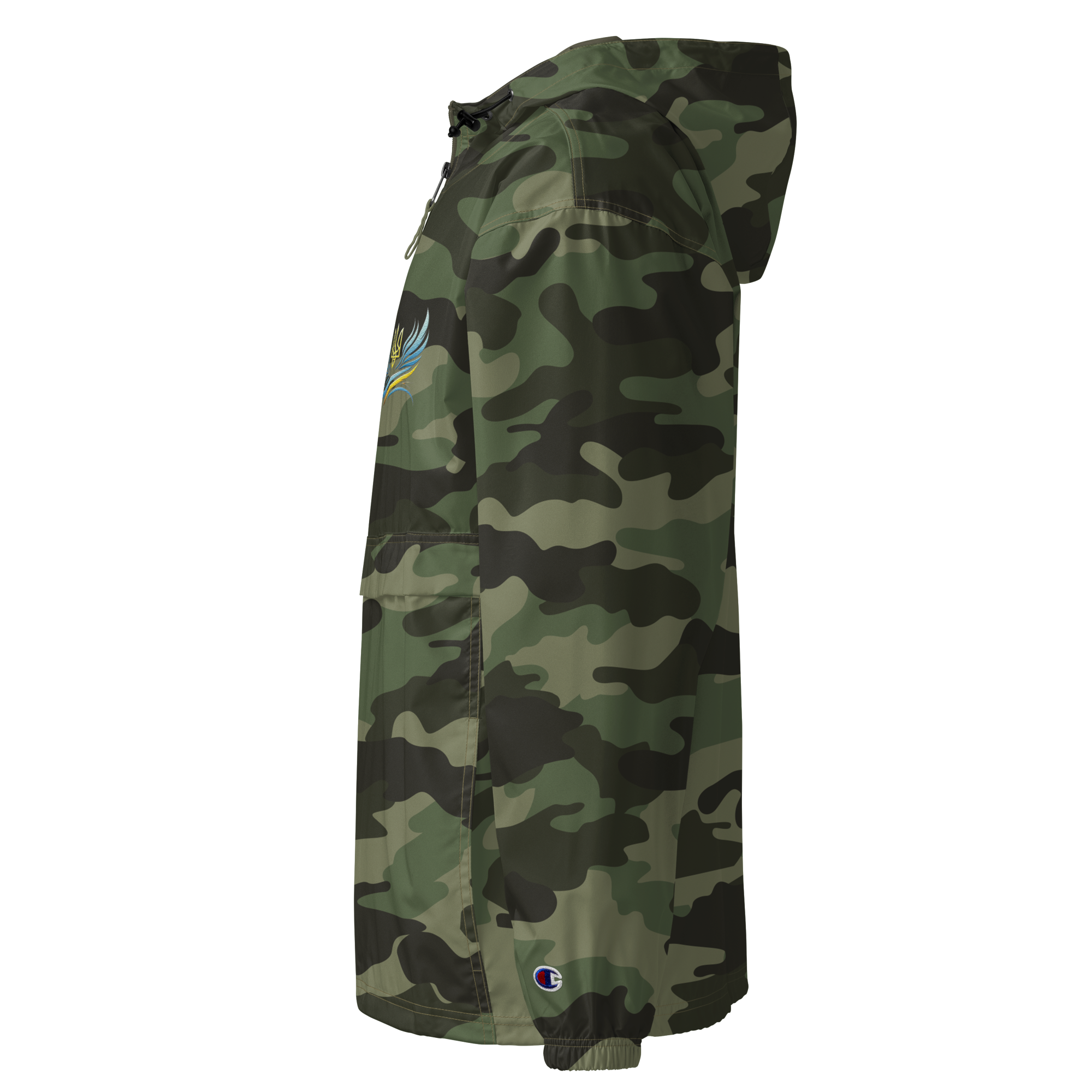 Side view of Ukrainian Vibe Trizub Collection camo embroidered Champion packable jacket for women, featuring hood and pocket details.