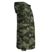 Side view of a camouflage Champion packable jacket, featuring a hood and compact design from the Ukrainian Vibe Trizub Collection.