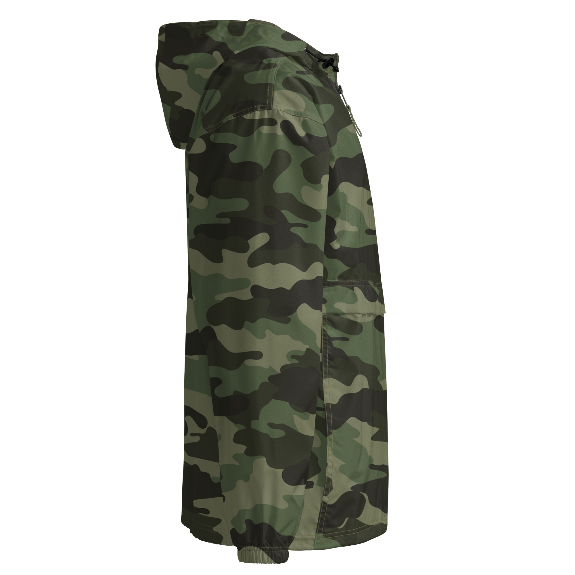 Side view of a camouflage Champion packable jacket, featuring a hood and compact design from the Ukrainian Vibe Trizub Collection.