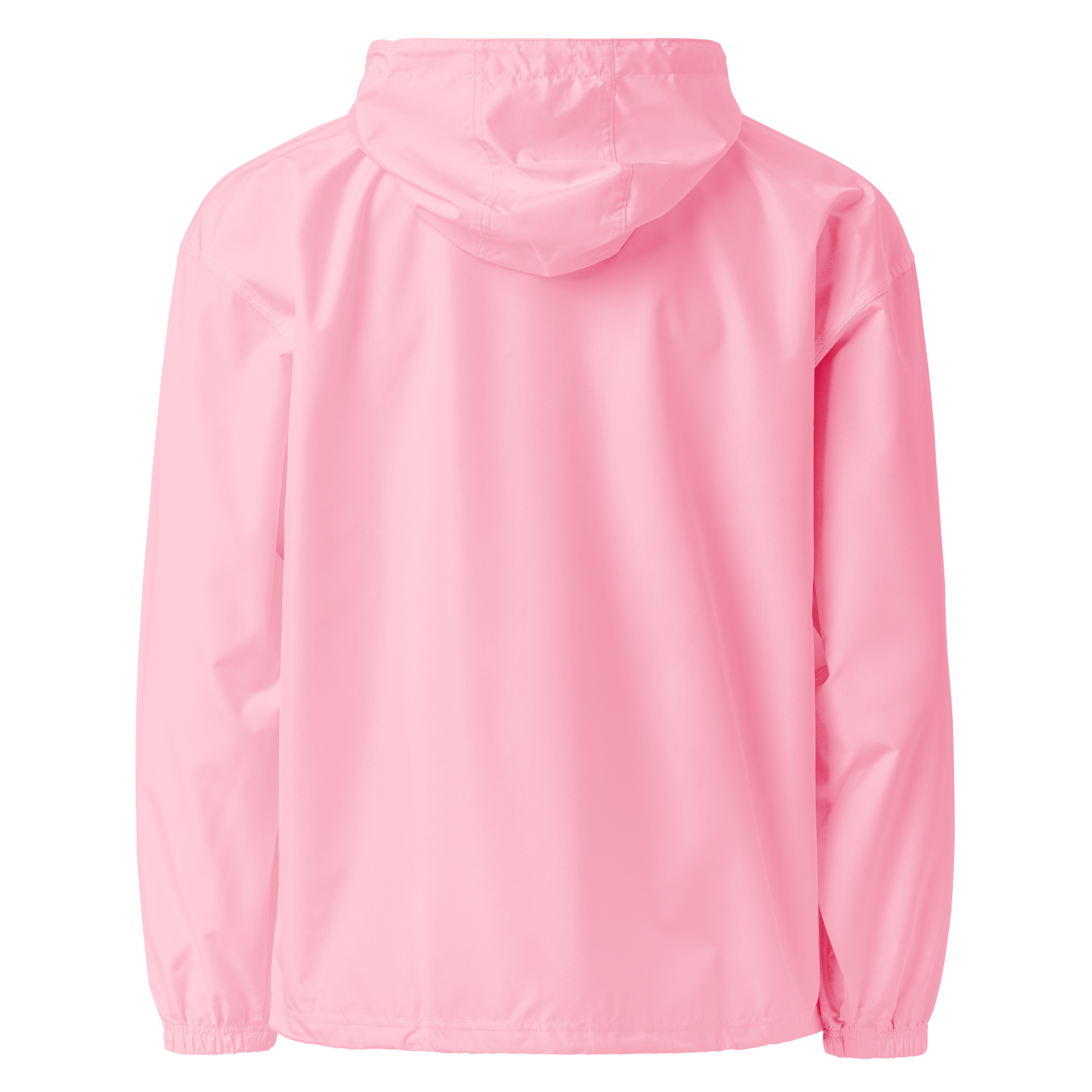 Back view of pink Champion packable jacket for women, featuring wind-resistant polyester and a hood from Ukrainian Vibe Trizub Collection.