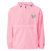 Pink Champion packable jacket from Ukrainian Vibe Trizub Collection with embroidered design, hood, and kangaroo pocket.