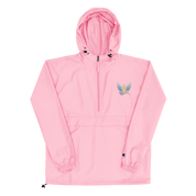 Women's pink embroidered Champion packable jacket from Ukrainian Vibe Trizub Collection, featuring hood and kangaroo pocket.