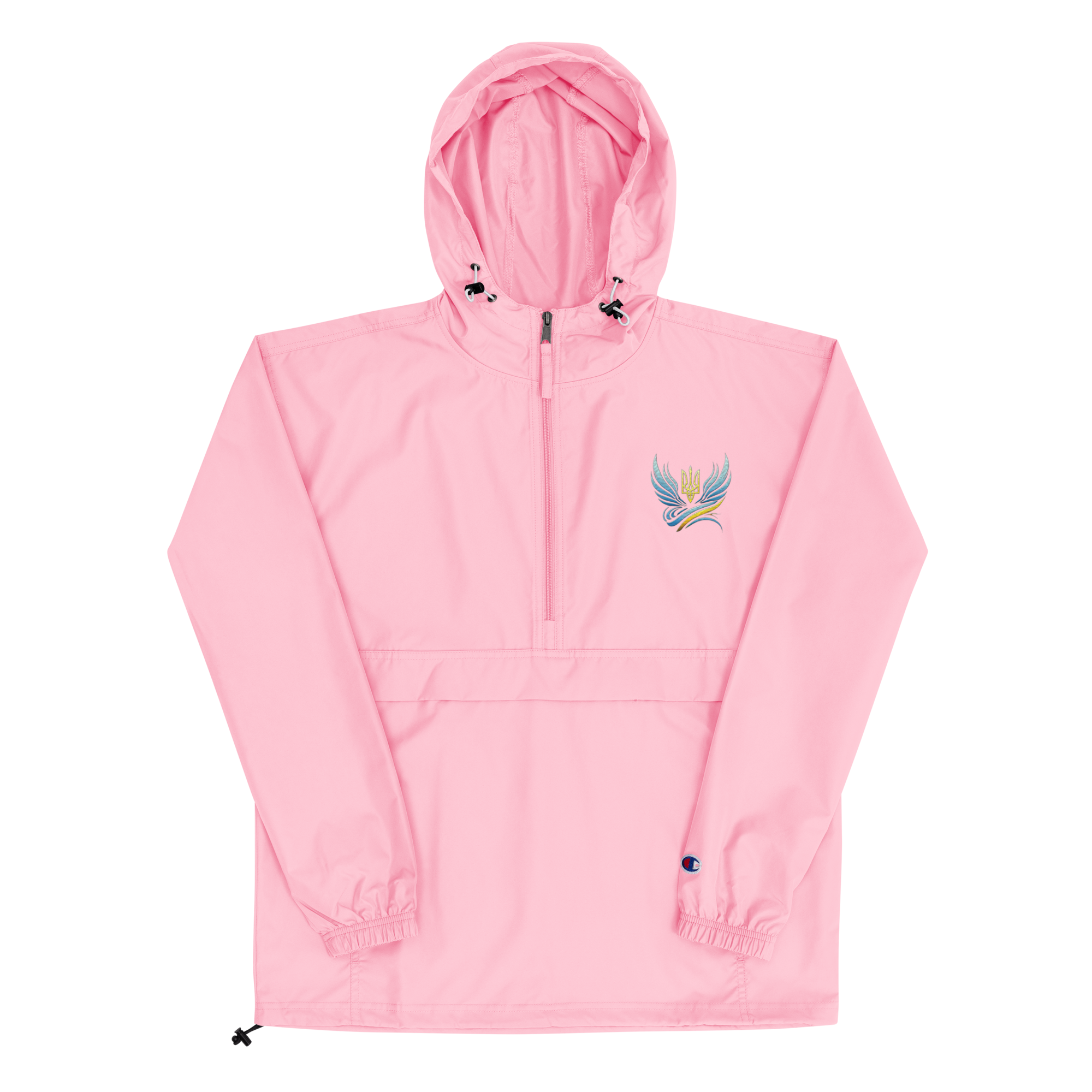 Women's pink embroidered Champion packable jacket from Ukrainian Vibe Trizub Collection, featuring hood and kangaroo pocket.