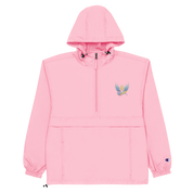 Ukrainian Vibe Trizub women's pink embroidered Champion packable jacket with hood and kangaroo pocket.
