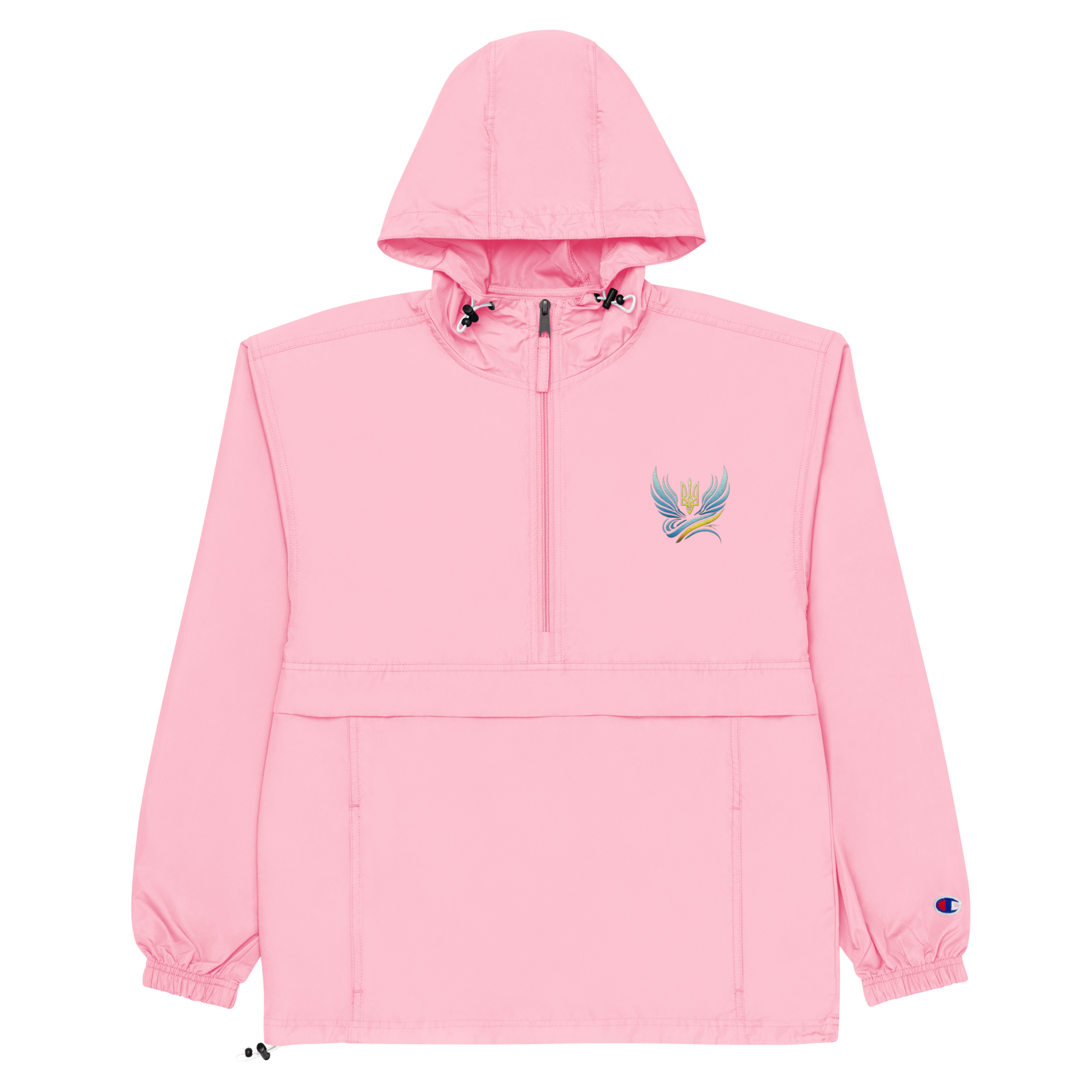 Ukrainian Vibe Trizub women's pink embroidered Champion packable jacket with hood and kangaroo pocket.