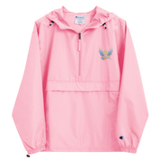 Pink Champion packable jacket from the Ukrainian Vibe Trizub Collection with embroidered design, hood, and kangaroo pocket.