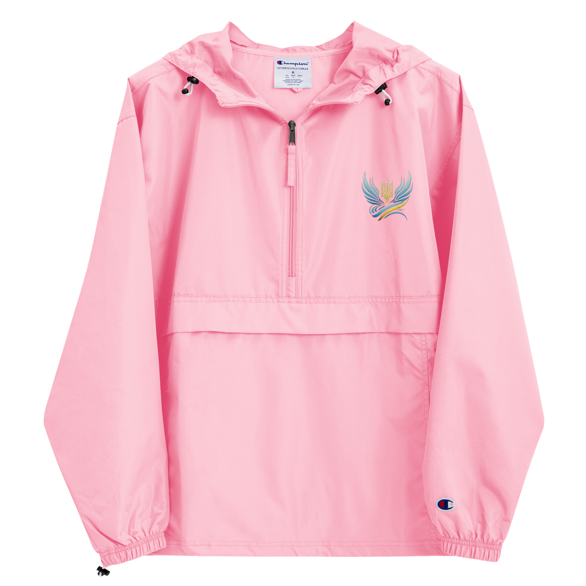 Pink Champion packable jacket from the Ukrainian Vibe Trizub Collection with embroidered design, hood, and kangaroo pocket.