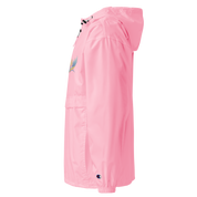 Side view of pink Champion packable jacket from Ukrainian Vibe Trizub Collection with hood and embroidery.
