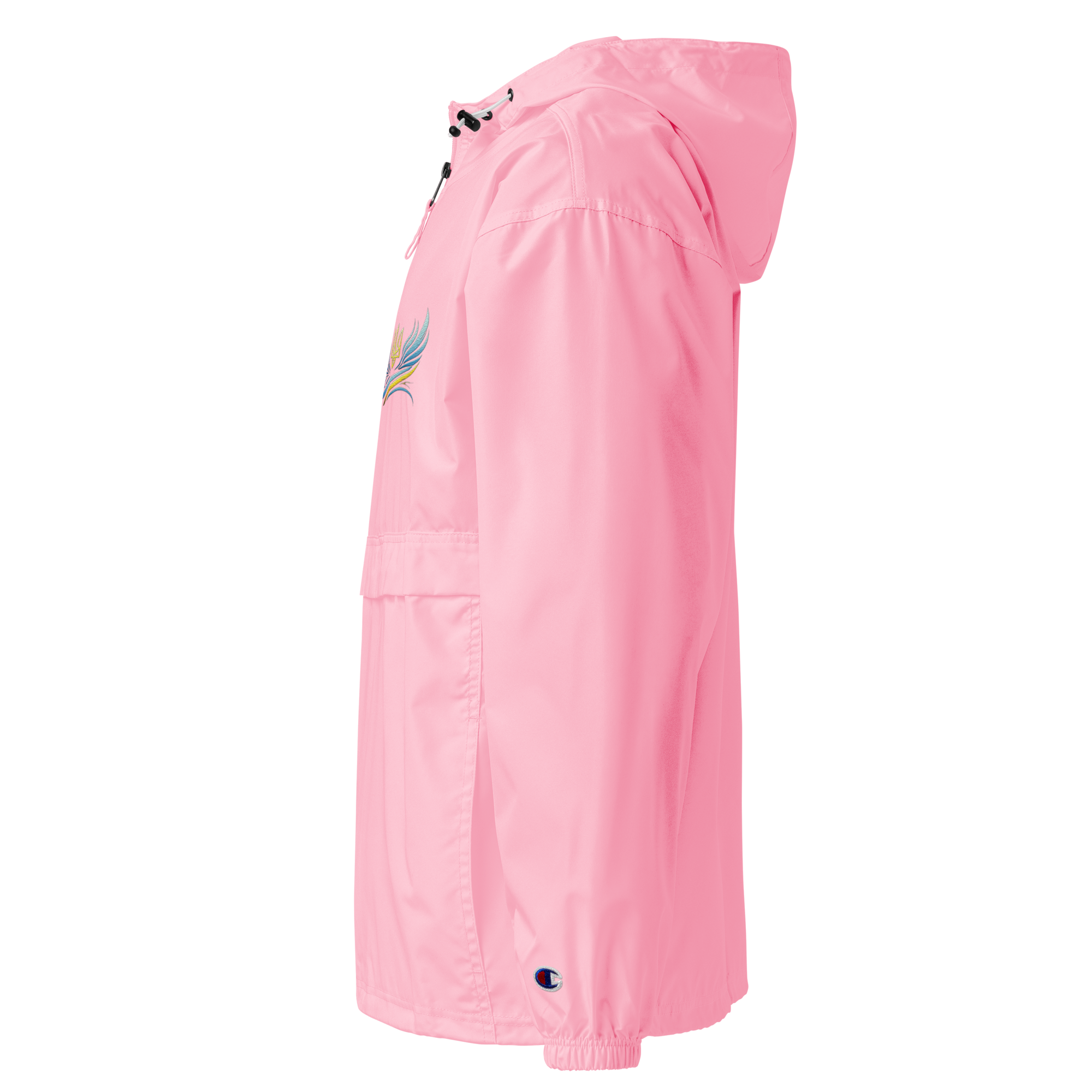 Side view of pink Champion packable jacket from Ukrainian Vibe Trizub Collection with hood and embroidery.