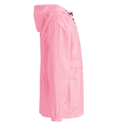 Side view of pink embroidered Champion packable jacket with hood from Ukrainian Vibe Trizub Collection for women.