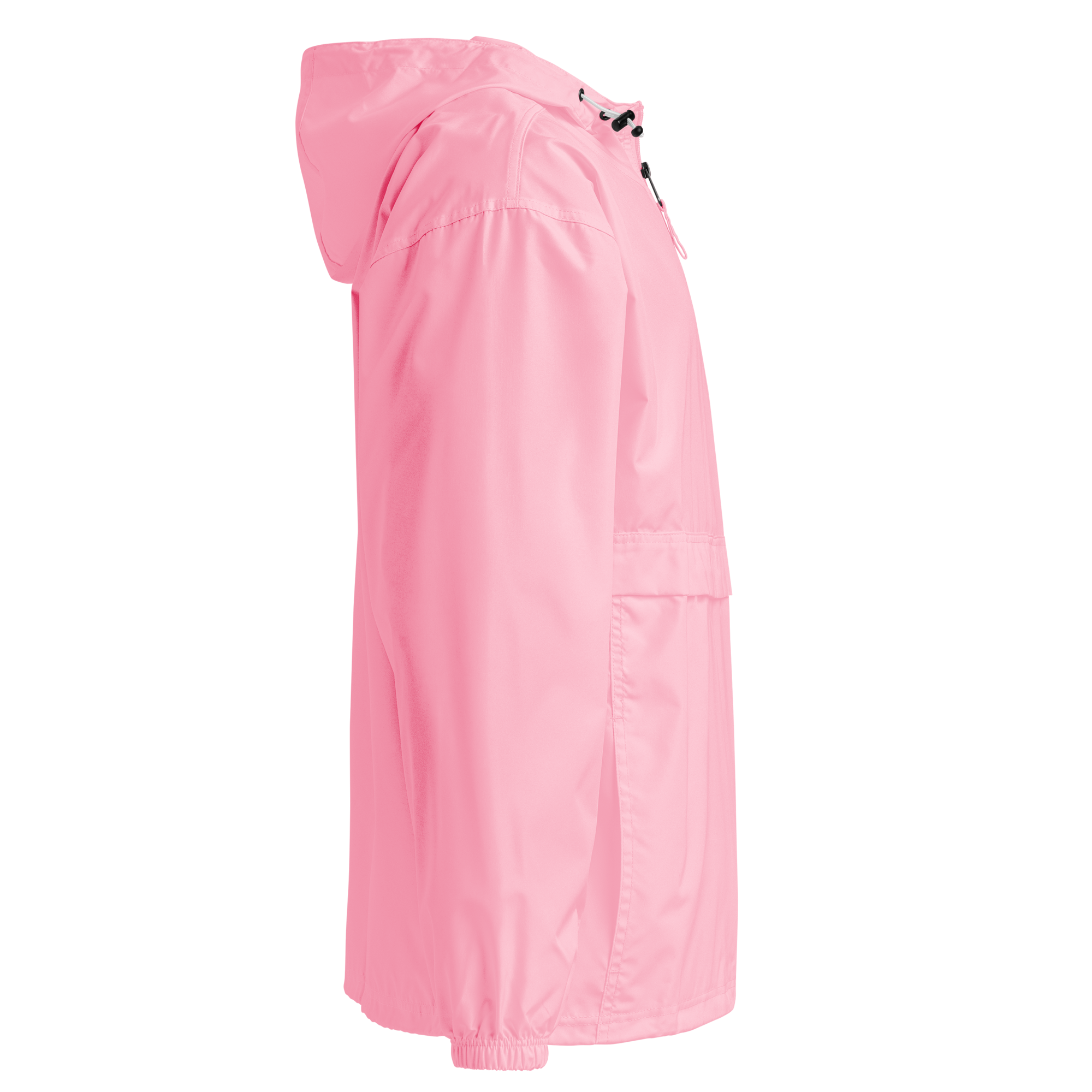 Side view of pink embroidered Champion packable jacket with hood from Ukrainian Vibe Trizub Collection for women.