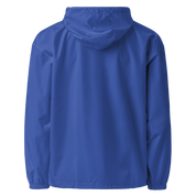 Back view of blue embroidered Champion packable jacket with hood from Ukrainian Vibe Trizub Collection, showing durable polyester fabric.
