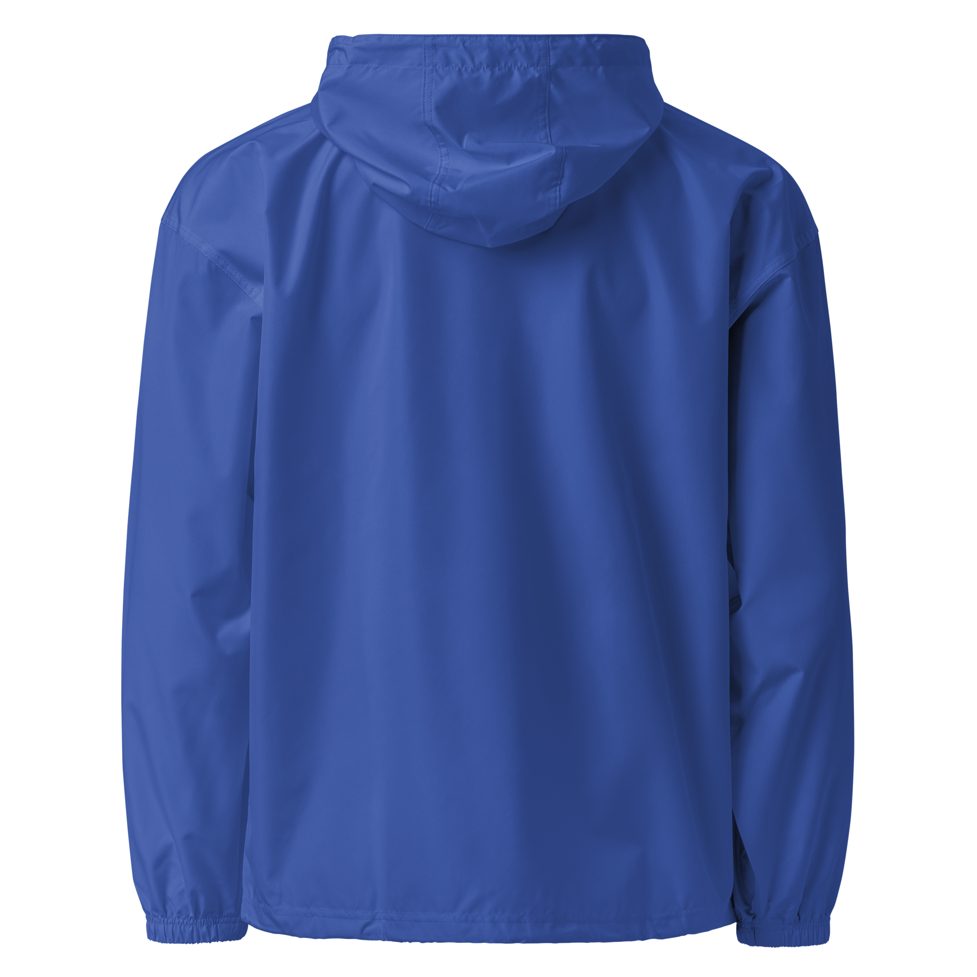 Back view of blue embroidered Champion packable jacket with hood from Ukrainian Vibe Trizub Collection, showing durable polyester fabric.